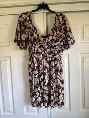 Abercrombie & Fitch Black Floral Mini Dress with Pink and Cream Accents